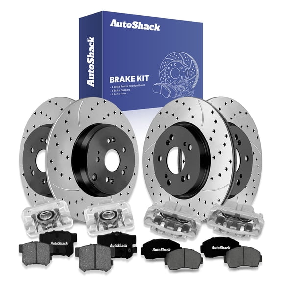 AutoShack Front Vented & Rear Solid Drilled & Slotted E-Coated Brake Rotors   Premium Ceramic Pads   Calipers 16-PC Brake Kit Replacement for 2012-2016 Honda CR-V ShadowGuard