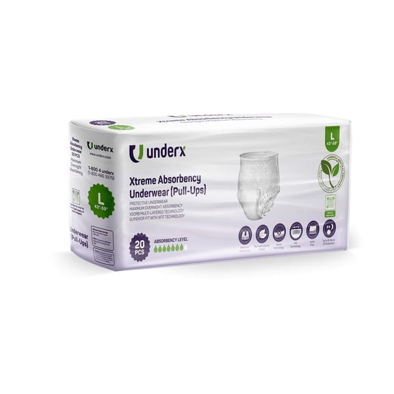 Underx Adult Incontinence Pullup Underwear, Overnight Absorbency, Leakproof Disposable Diapers, Large (20 Count)