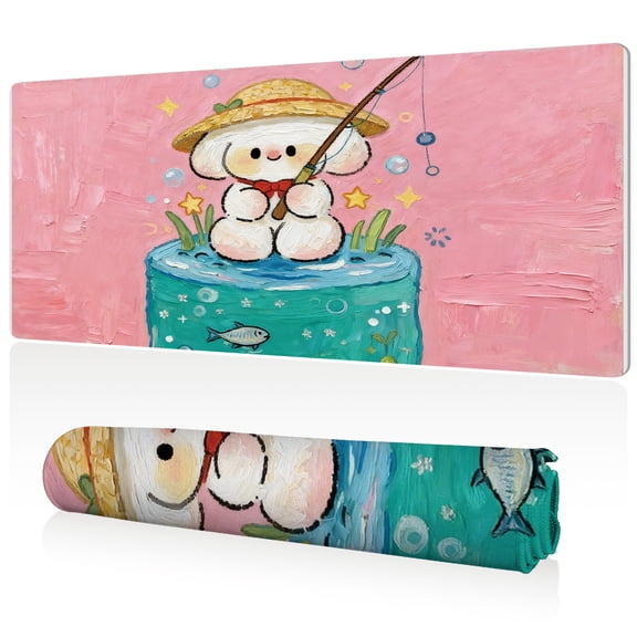 LIVEKEY Mouse Pad Ultra Large 80x40x0.3cm Full Desk Coverage Cute Cartoon Dog Fishing Art Design with Sewn Edges for Gaming Office