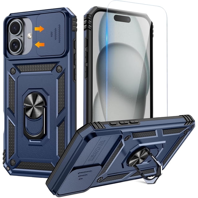MYKOMI Compatible avec Étui iPhone 16 avec Protecteur d'Écran - Étui de Protection avec Support Anneau, Pare-Chocs Robuste Antichoc pour Accessoires iPhone 16