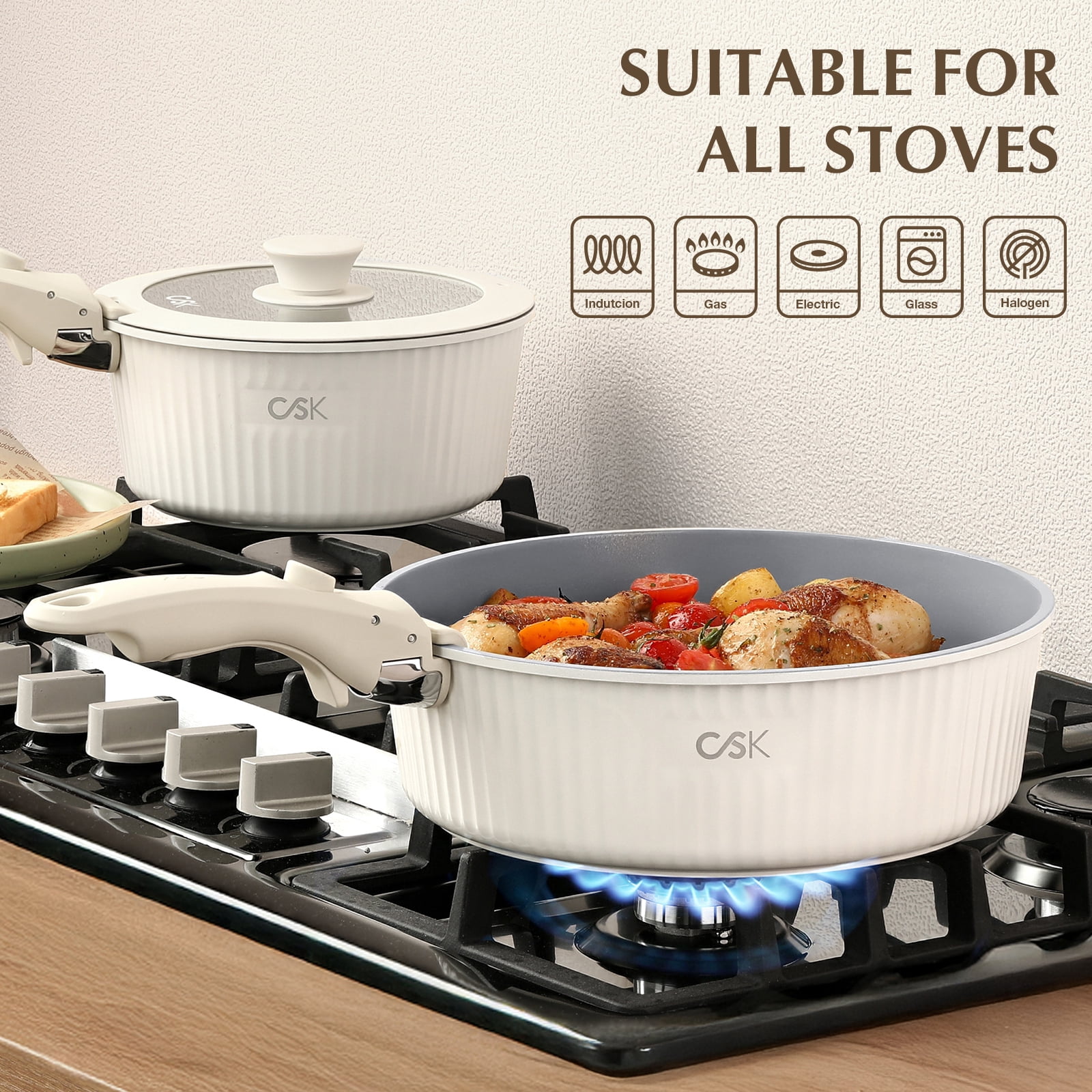 Koch Systeme CS 17-Piece Pots and Pans Set Non Stick, Nonstick Ceramic Cookware Set Detachable Handle, Induction Kitchen Pot and Pan Set, Non Stick with Removable Handle, RV Cookware Set, Cream White