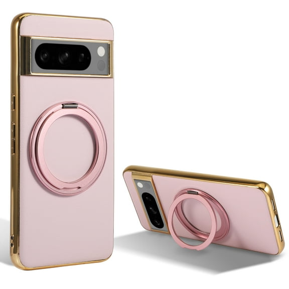Ring Stand for Google Pixel 8 Case, [Magnetic Compatible with Mag-Safe & Support Car Mount] Shockproof Plating Frame PU Leather Phone Case, Rotatable Stand Cover for Google Pixel 8, Pink