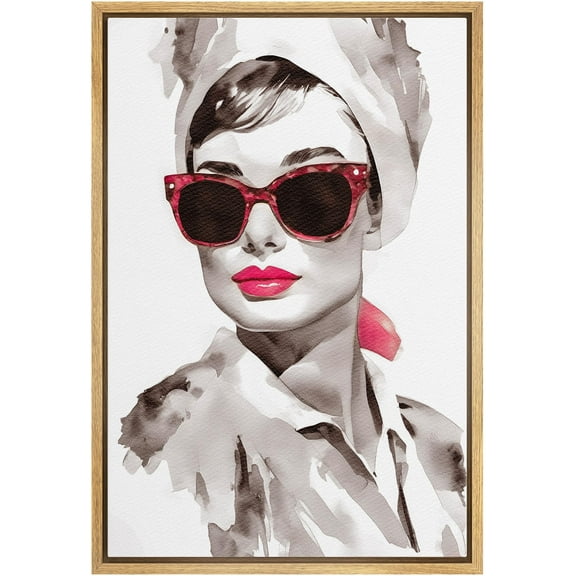 IDEA4WALL Framed Canvas Print Wall Art Elegant Modern Lady Portrait Print Fashion Woman with Sunglasses Wall Decor Stylish Female Fine Art Calm/Relax/Zen for Home Decor - 16"x24" Natural