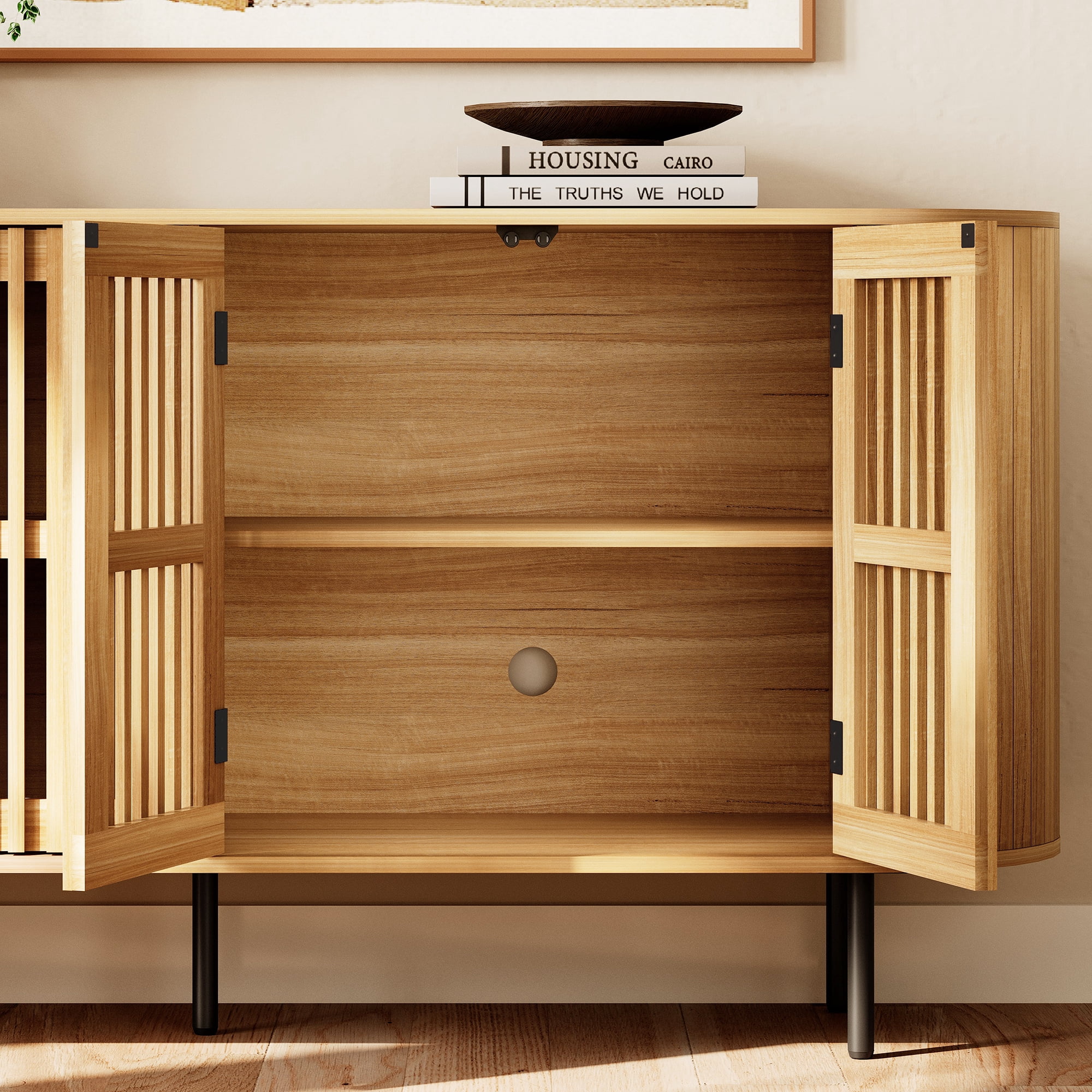 WAMPAT Modern Sideboard Buffet Cabinet with Storage, Wooden Accent Storage Cabinet with 4 Fluted Doors, Credenza with Curved Design for Dining Room, Living Room, Kitchen, Oak