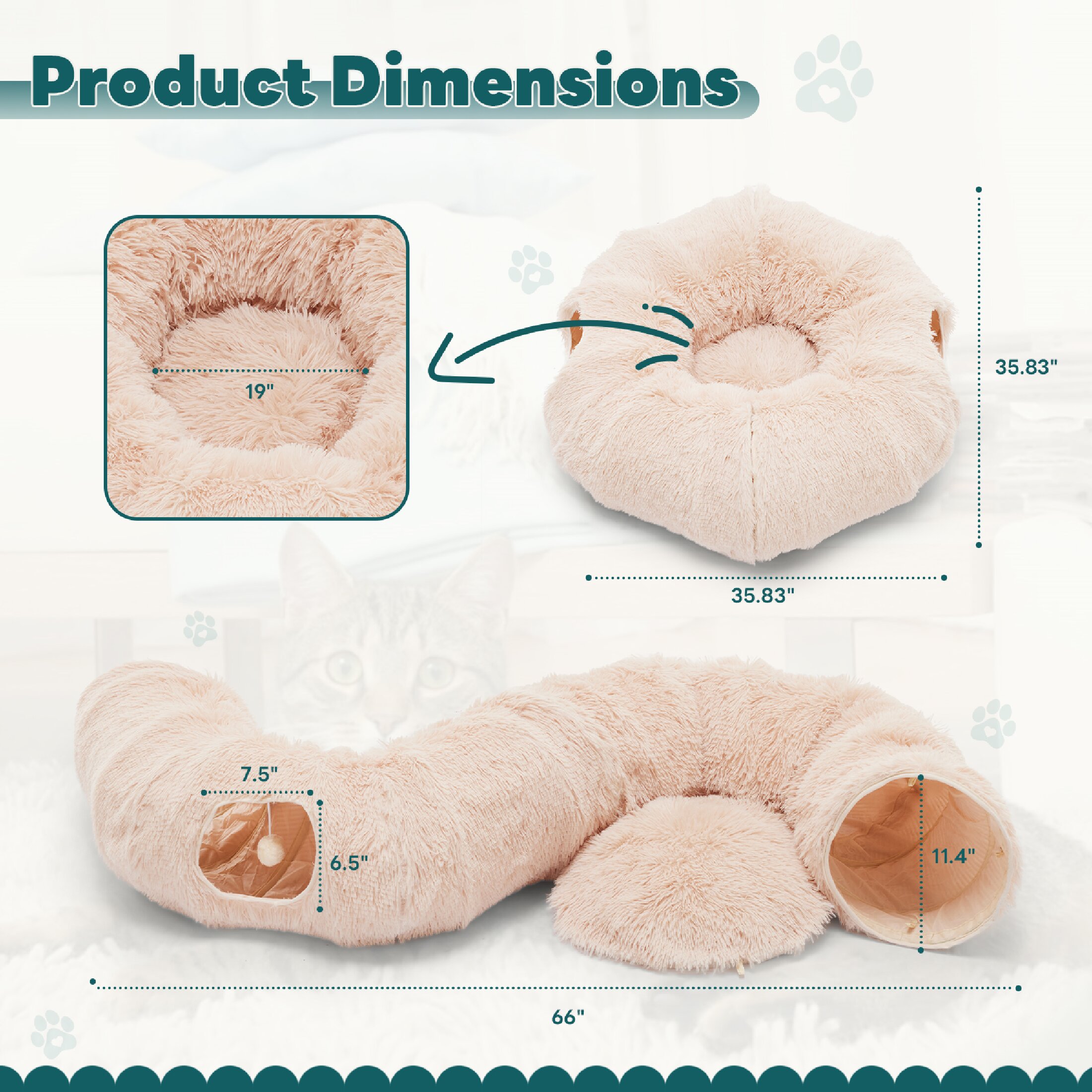 edx Cat Tunnel Bed for Indoor Cats, Soft Plush Peekaboo Hideaway Cave with Circle Cushion, Washable Multifunctional Playground Cat Donut Tunnel for Kittens, Rabbit, Ferret, Light Brown