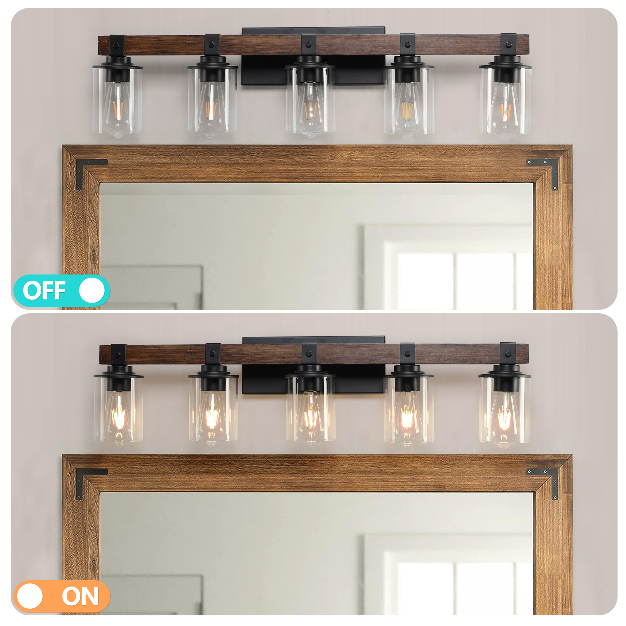Leumius 5-Light Bathroom Vanity Light, Industrial Wall Sconce with Glass Shades and Wood Accent, Modern Farmhouse Lighting Fixture for Mirror, Bathroom, Bedroom and Hallway Walnut (No Bulbs)