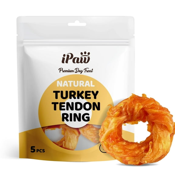 iPaw Turkey Tendon for Dogs, Ingredient Sourced from USA, Hypoallergenic, All Natural Human Grade Puppy Chew, Dog Treats for Signature Series, Rawhide Alternative, 5 Units/Bag Ring (Medium)