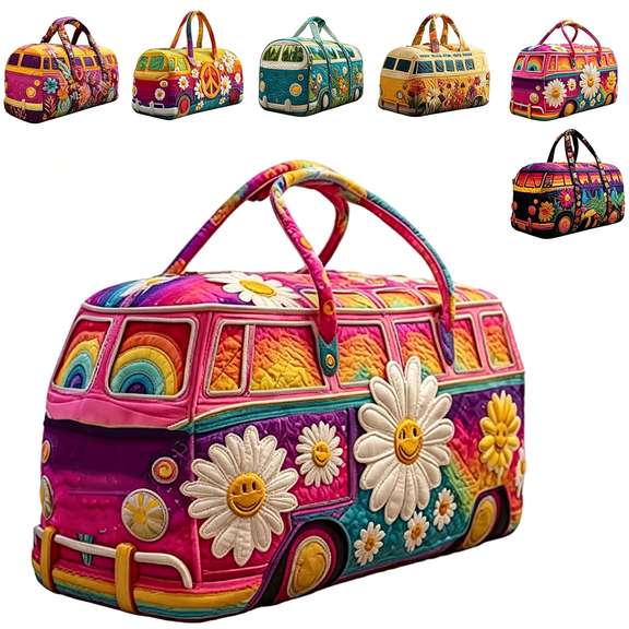 AOMRCOL Hippie Van Quilted Duffle Bag, Boho Travel Weekender Bag with Strap, Retro Style for Everyday Travel Travel Bag Large