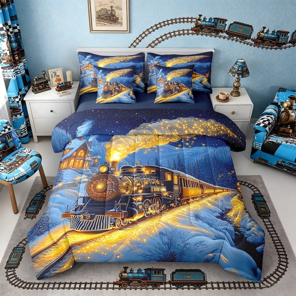 Castle Fairy Magical Train Twin Bedding Sets 7-Piece for Kids, Winter Light Print Bedding Comforter Set for Bedroom, Black Gold,Navy Blue Reversible