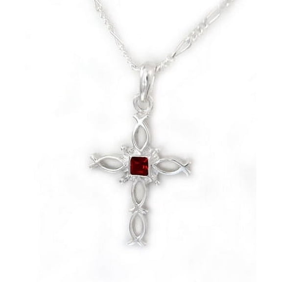 Sterling Silver Ichthus Fish Cross Birth Crystal Necklace, January Red