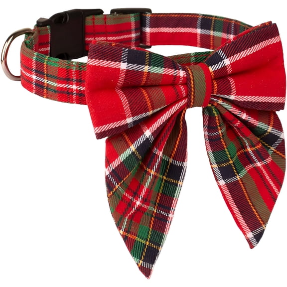 BESTSKY Christmas Dog Collar with Bow Adjustable Cotton Red Green Plaid Bowtie Dog Christmas Collars for Small Medium Large Dogs Pets Christmas Dog Collars