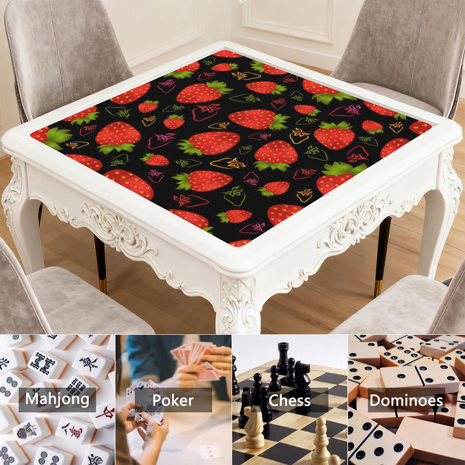 Strawberry Mahjong Mat with Rules, 31.5*31.5in Anti Slip American Mahjong Mat for Table, Noise Reduction, Neoprene Mah jongg Mats with Carrying Bag & 3 Dices, Mahjong Sets Gift, Board Tile Games Mats