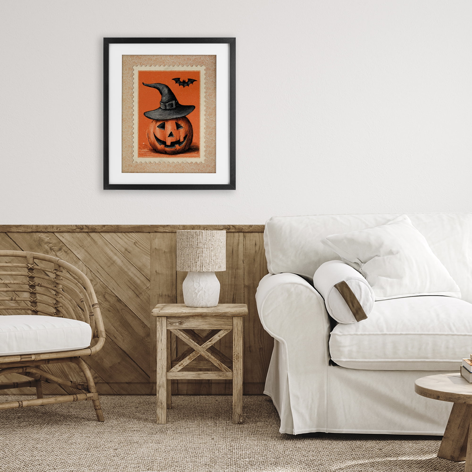 Vintage Jack-o-Lantern Stamp Black Framed Print Under Glass, design by Arlington Prints