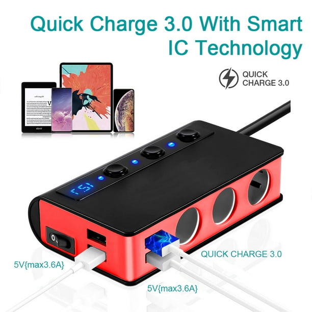 Cigarette Lighter Adapter Quick Charge 3.0 180W 12V/24V 3-Socket Splitter 4  USB Ports Car Power Adapter for GPS, Dash Cam, Sat Nav, Phone, iPad, Tablet  