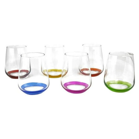 

Three Star Import & Export GS7338 4.25 in. Stemless Wine Glass with Multicolor Bases Set 6 Piece