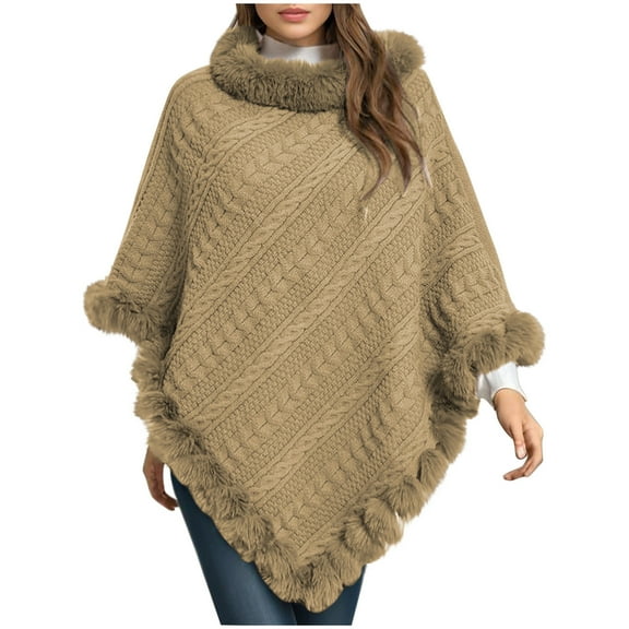 ZQUUVOU Women's Fall Winter Knit Cape Poncho Solid Color Pullover Faux Fur Trim Cable Knit Chunky Turtleneck Cardigan Beige