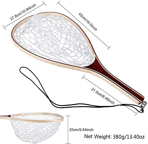 Fishing Net Fly Fishing Landing Net,Wooden Frame Fish Net with Soft Rubber Mesh for Trout Catch and Release Net Gifts for Father Men