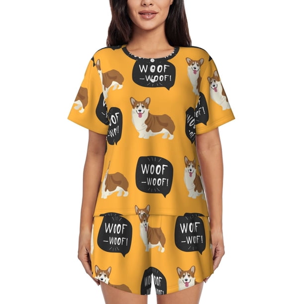 Fotbe Corgi Conjunto de Pijama Estampado para Mujer, 2 Piezas, Ropa de Dormir con Camiseta de Manga Corta y Shorts Suaves-Small