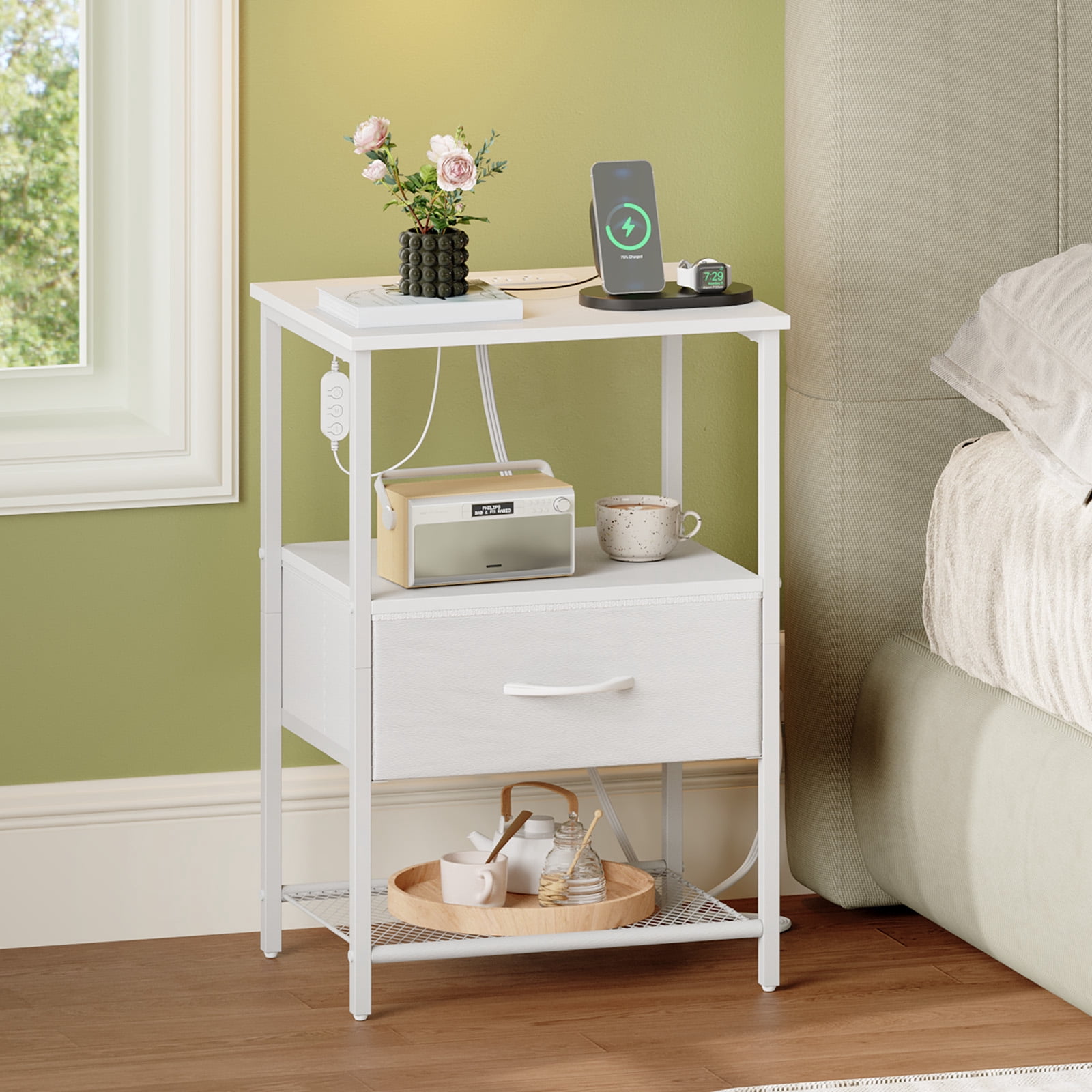 Eunos White Small Nightstand Set of 2 with Charging Station, LED and Storage Shelfs for Bedroom, Living Room