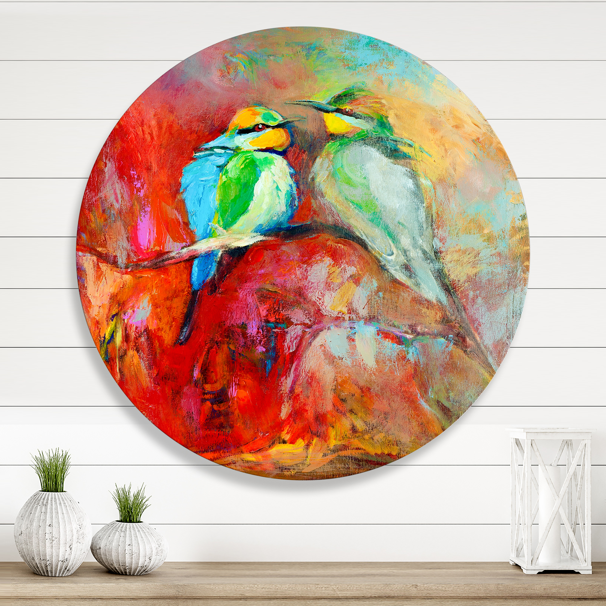 Designart 'Blue Tailed Bee Eaters Sitting On A Branch' Nautical & Coastal Circle Metal Wall Art 11x11 - Disc of 11