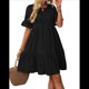 thumbnail image 3 of Vestidos de Verano para Mujer 2025, Abullonada, Cuello Redondo, Cintura Alta, Fruncido, Corte A, Suelto, Vestido Midi Negro M, 3 of 9