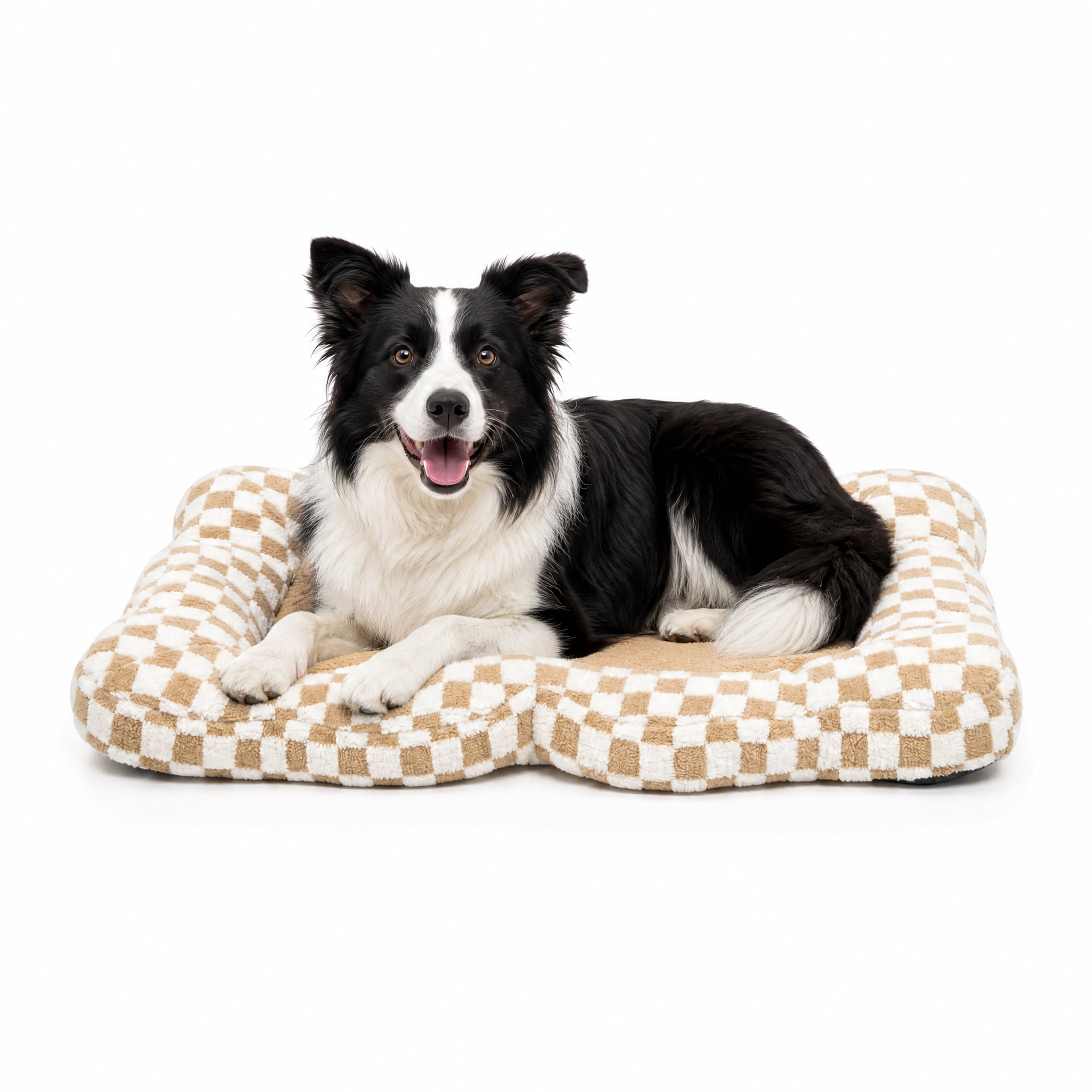 Oodles Checkered Sherpa Cloud Pet Bed, Tan, Large, 36" L x 22" W