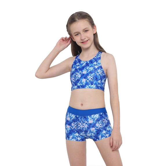 CHICTRY Little Girls 2-pc Swimsuit Floral Patterns Crop Top with Bottoms Swimwear Blue&Purple 4
