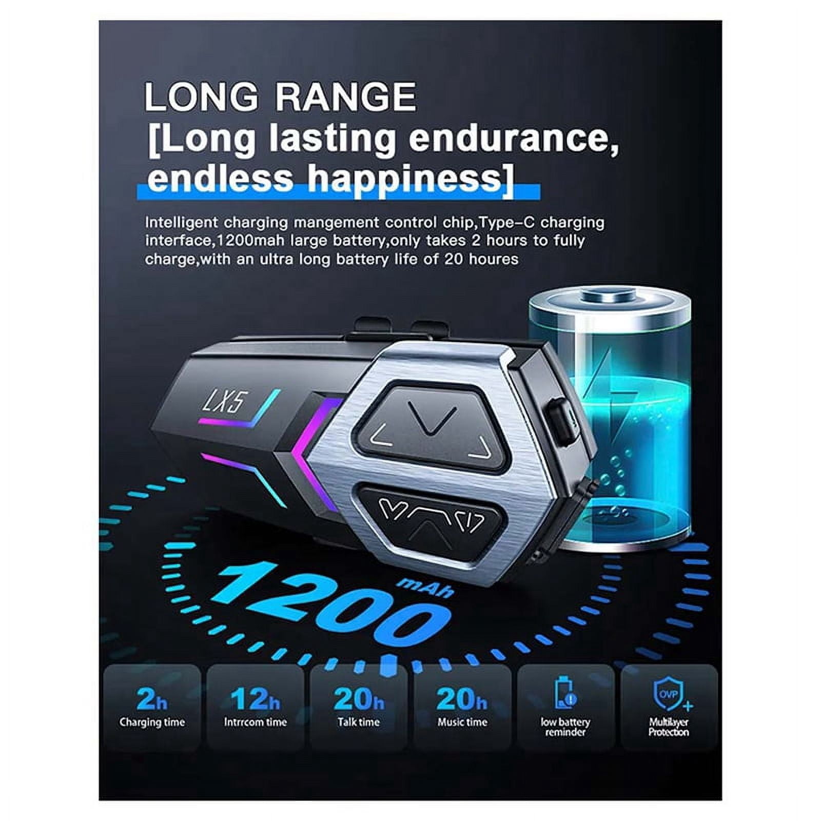 LX5 Motorcycle Helmet Headphones Mesh Intercom for 10 Riders 2000m Hands-Free Speaker, Bluetooth 5.3 Waterproof 2pcs