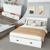 Lisonu Mobile Murphy Bed Chest with Charging Station, Full Size Folding Cabinet Bed with Mattress Included, White Storage Guest Bed on Wheels, 57" Wide