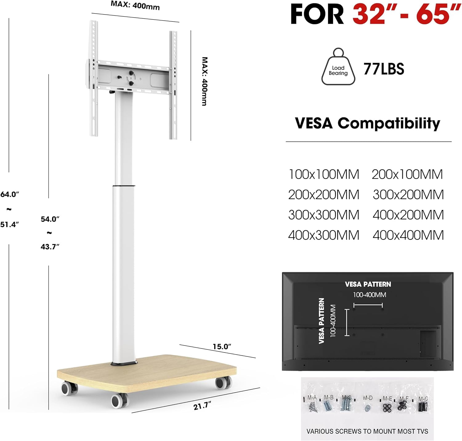 AOKCOS Rolling TV Stand for 32–65 Inch TVs, White, Portrait/Landscape Rotation, Tilt