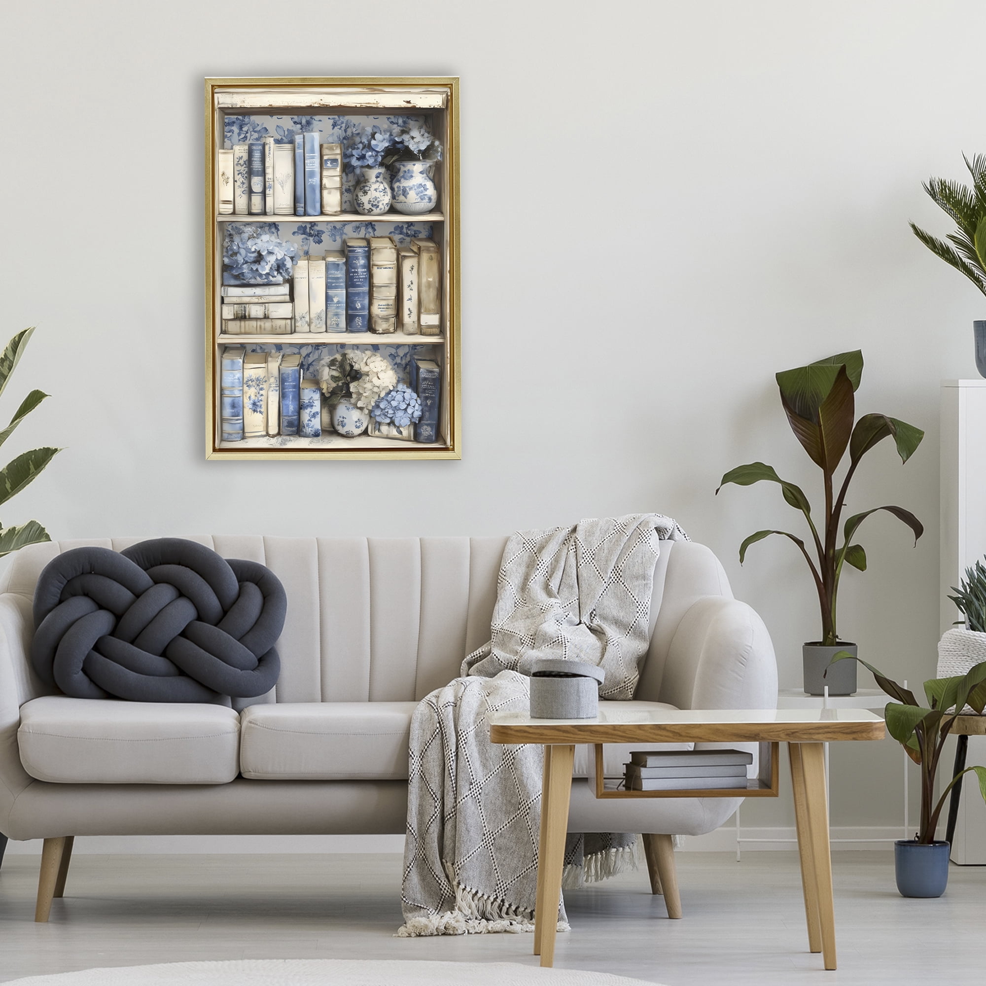 Stupell Industries Blue & Beige Bookcase Gold Framed Floater Canvas Wall Art, design by LSR Design Studio