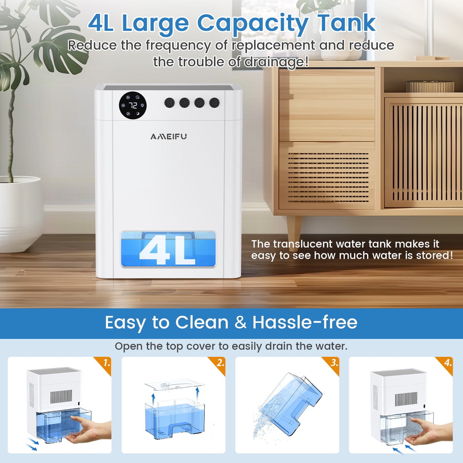 AMEIFU 4L Dehumidifier for 1000 Sq.ft, Quiet Dehumidifier with Auto Shut off & Auto Defrost