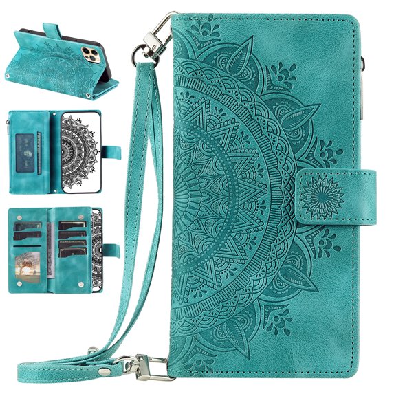 Nalacover for iPhone 12/12 Pro Embossed Floral Pattern PU Leather Crossbody Case with Shoulder Strap,Shockproof Magnetic Flip Kickstand Credit Card Slots Zipper Pocket Wallet Phone Case,Green