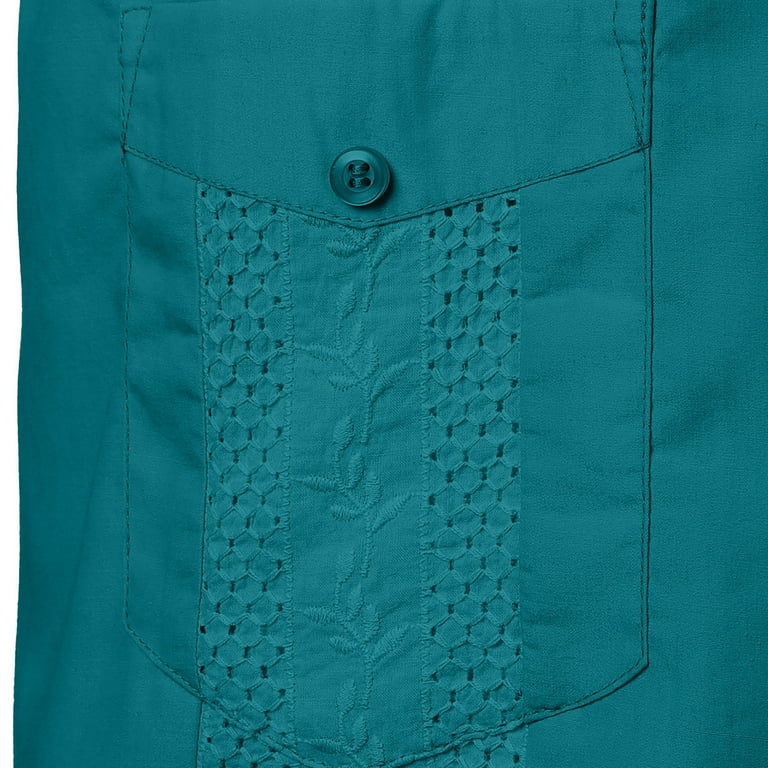 JWZUY Men's Embroidery Patchwork Shirts Multi-Pocket Casual Short