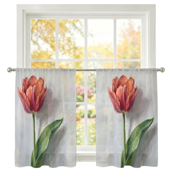 Red Tulip Sheer Curtains 54 Inch Long 2 Panels Elegant Floral Spring Light Filtering Rod Pocket Curtains, Sheer Voile Drapes for Living Room Bedroom 52"x54"