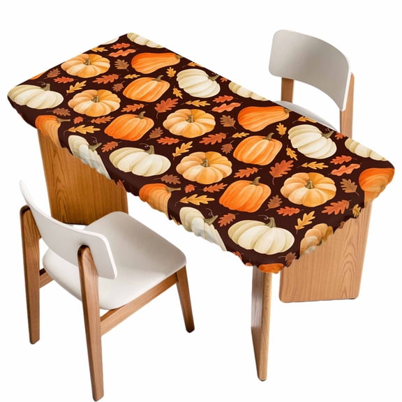 Fall Thanksgiving Table Cloths for 3 Foot Rectangle Tables, Orange White Pumpkin Maple Leaf Brown Patio Waterproof Elastic Fitted Tablecloths, Washable Rectangular Table Cover for Camping