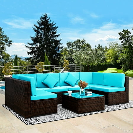 CLEARANCE! Outdoor Patio Conversation Furniture Sets 7-Piece Wicker Patio Conversation Furniture Set w/2 Corner Sofa Tempered Glass Table 4 Single Sofa 12 Padded Cushions 2 Pillows Blue S7213
