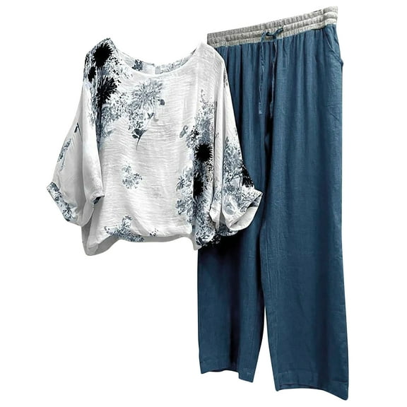 Babysbule Womens Tops Sets Clearance Blouse Women's Print Crewneck Long Sleeve Pullover Shirt Tops Pants Trousers Set Fall Saving