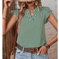 thumbnail image 3 of Blusa de manga corta con volantes Blusa de manga corta con escote en V y estampado de rayas para mujer Lady Green L, 3 of 6
