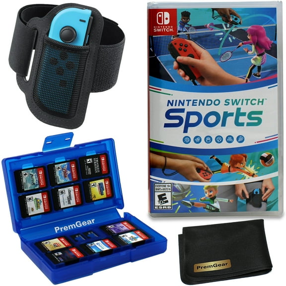 Nintendo Switch Sports - Nintendo Switch with Leg Strap accessory, 24 Slot Game Card Holder & PremGear Cleaning Cloth [video game]