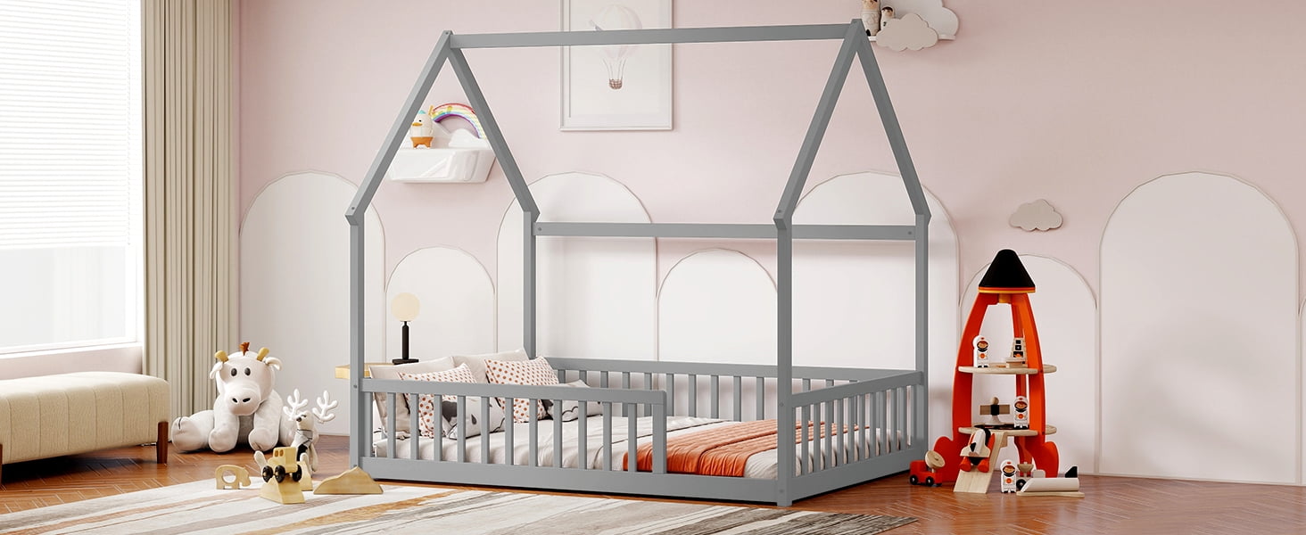 Full Size House Floor Bed with Roof Frame, Pine Wood Floor Bed with Safety Guardrails, Grey
