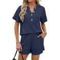 thumbnail image 3 of Nlife Women V Neck Button-Up Waffle Short Sleeve Shorts Knit Sets, 3 of 7