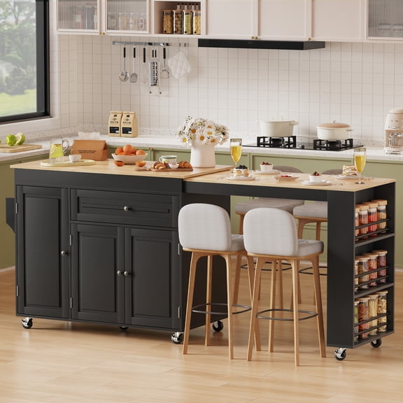 Expandable Kitchen Island with Storage and Drawer on Wheels, Black | Expands from 48.4 to 82.6 inches. Rubberwood tabletop. Spacious drawer, 2 cabinets, 2 shelves, spice rack & towel bar