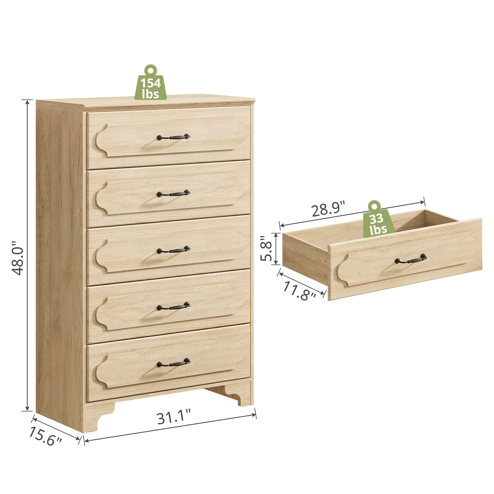 5-Drawer Dresser, OAK Tall Dresser for Bedroom, Narrow Chest of Drawers, Modern Vertical Storage Cabinet for Closet, Entryway or Living Room