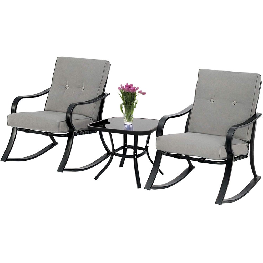 SUNCROWN Outdoor 3Piece Rocking Chairs Bistro Set, Black Metal Patio