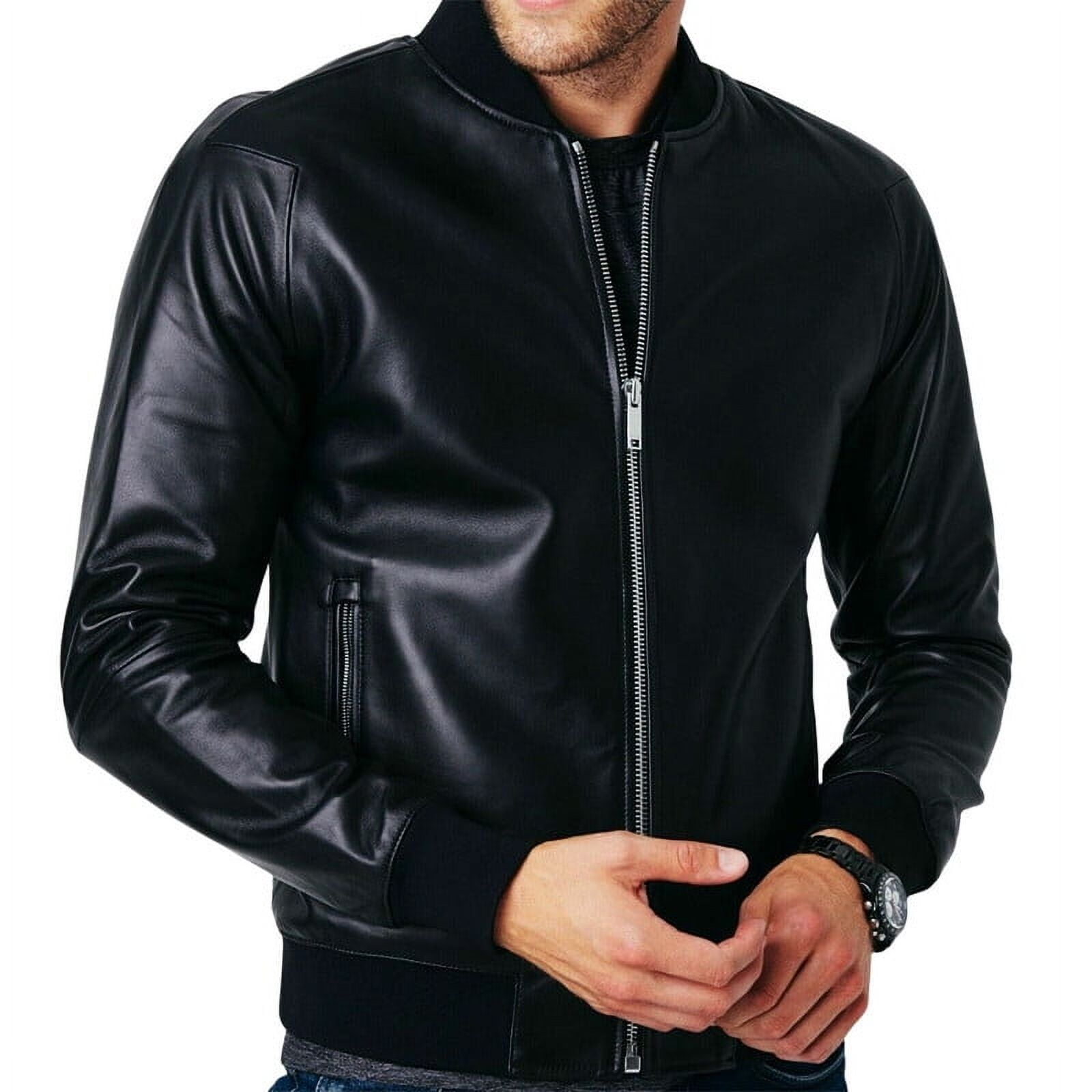 Men's Bomber Black 100% Genuine Lambskin Leather Lightweight Soft Satin lining Jackets for Men - M Size