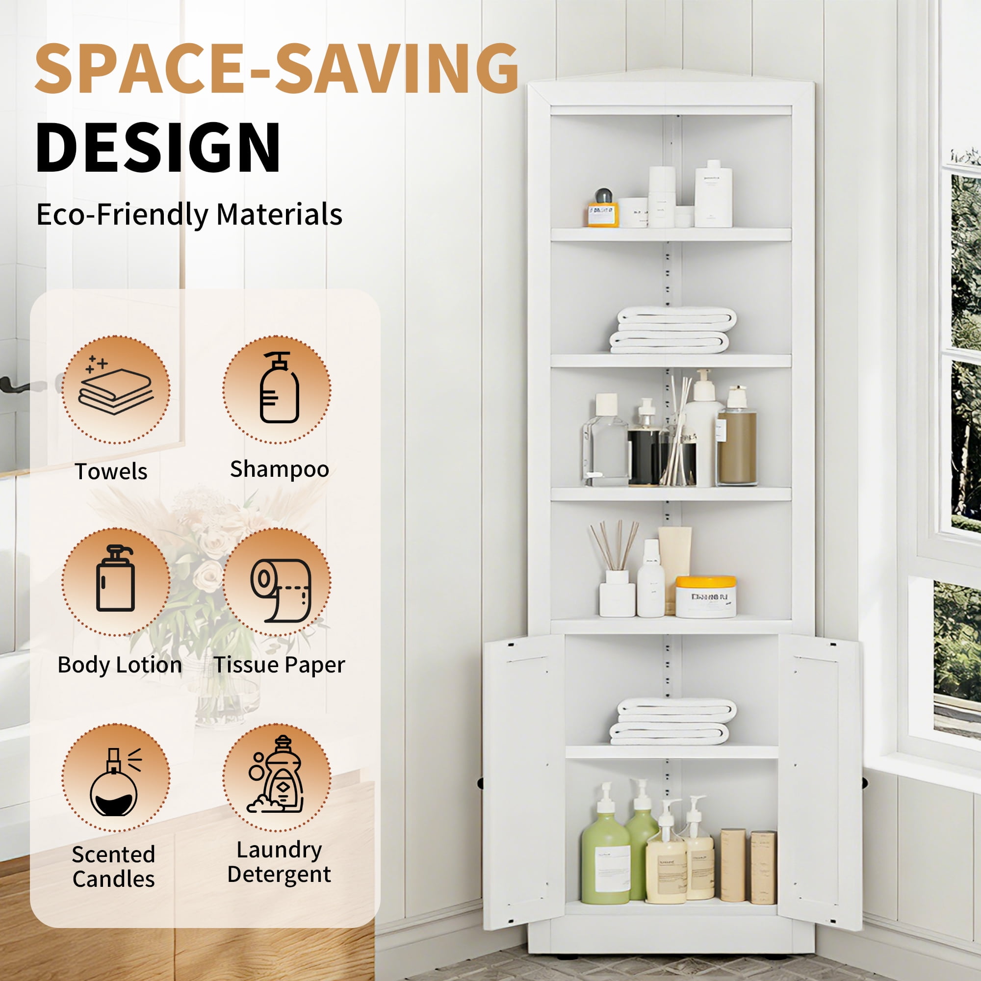 Leumius 71" Tall Corner Storage Cabinet with 2 Doors,Freestanding 5-Tier Metal Cabinet with Adjustable Shelves for Kitchen Living Room Bathroom,White