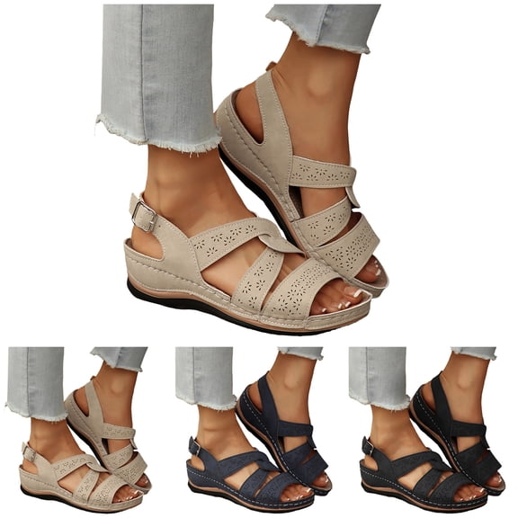 Dakaela Wedge Sandals for Women Comfortable Strappy Summer Dressy Slip on Sandal Open Toe Hollow out Casual Walking Shoes with Arch Support Size 6-10