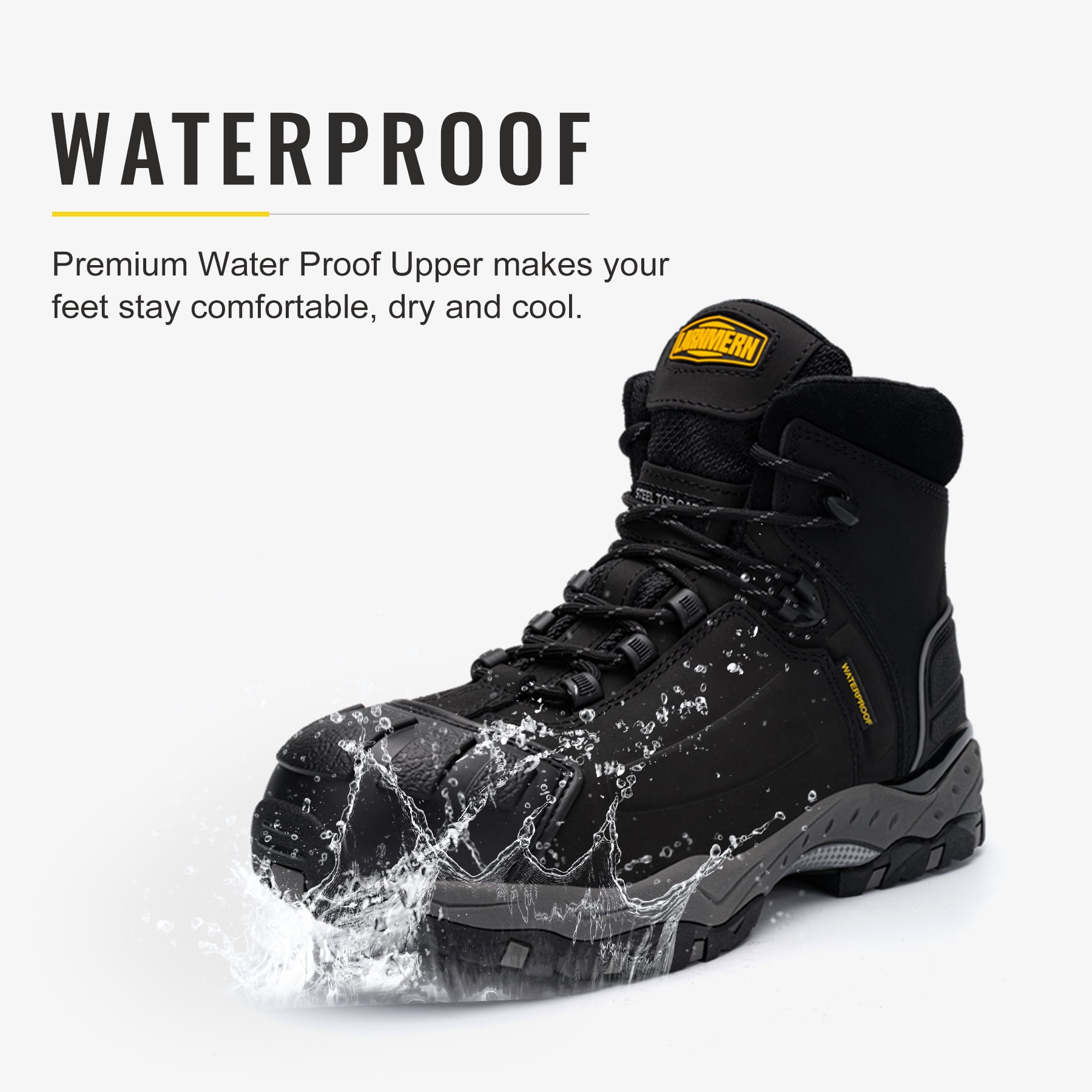 Larnmern Men's Mid Hiking Work Boots - Waterproof, Steel Toe, Anti
