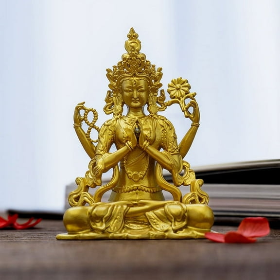 Handcrafted Four-Armed Guanyin Buddha Statue Golden Brass 2.64in Mercy & Peace Perfect Gift for Meditation